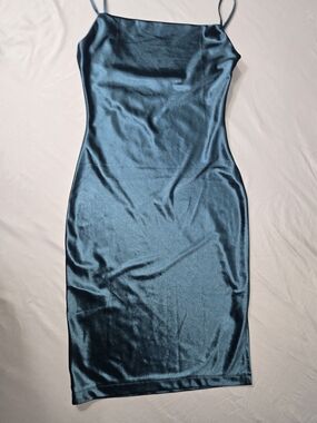 xxxiticat Satin Slip Midi Dress in Deep Teal - Size S